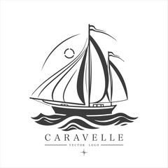 Minimal modern Sailing boat on the water, vector logo. Caravelle emblem