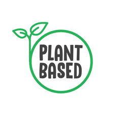 Plant based label. Text inside a circle with leaves around. Vegan friendly badge.