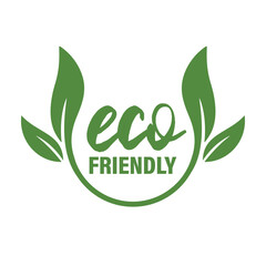 Eco friendly. Healthy natural product label logo design. Circle badge with plant leave decorating. Vector stamp.
