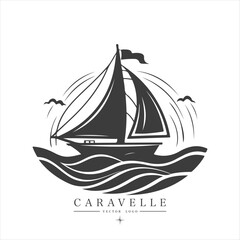 Minimal modern Sailing boat on the water, vector logo. Caravelle emblem