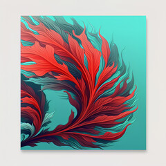 Illustration of a colored bird feather in red and turquoise colors isolated on white. Al generated art.