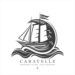 Minimal modern Sailing boat on the water, vector logo. Caravelle emblem