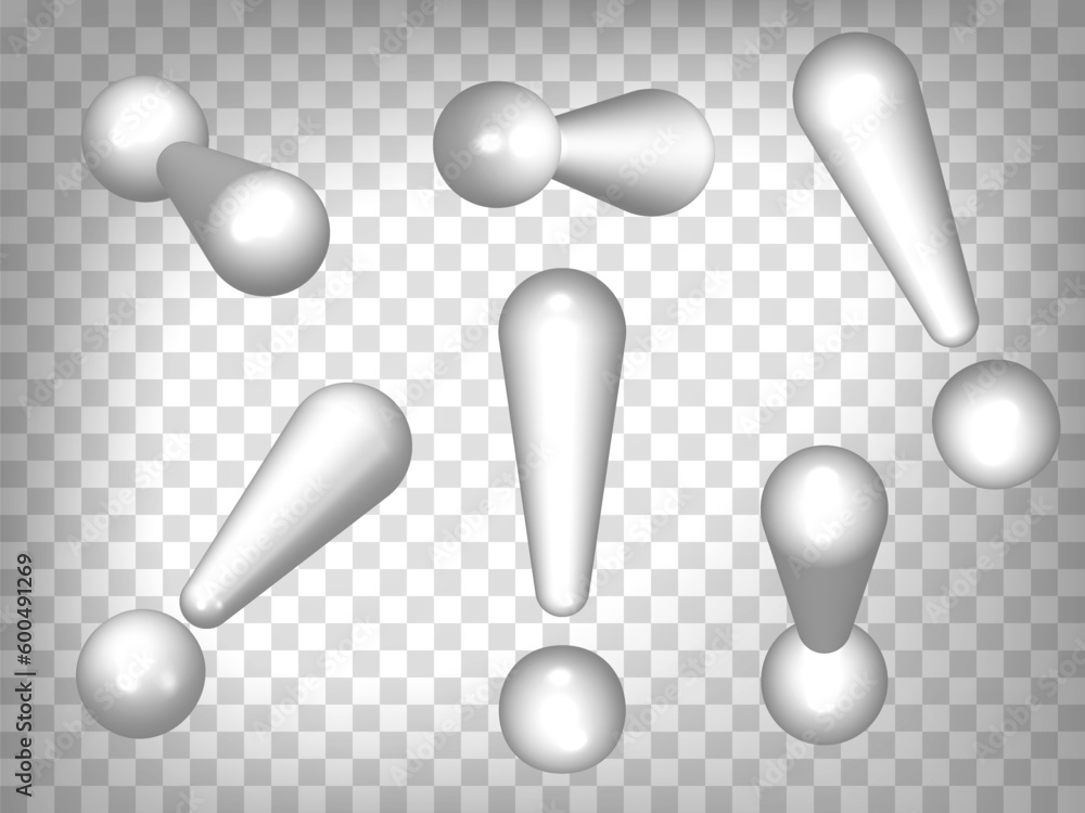 Poster set of perspective projections 3d large exclamation sign model icons on transparent background. 3d l