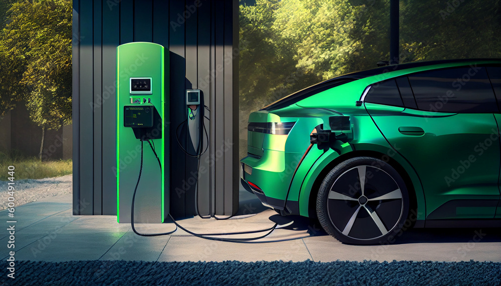 Wall mural electric car charging in power station. eco green environment ai generated image