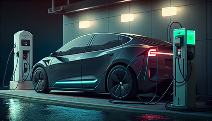 Fototapeta na wymiar Electric car charging in power station. Eco green environment Ai generated image