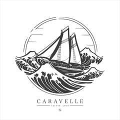 Sailing boat, caravelle, frigate on the water, vector logo emblem in asian style