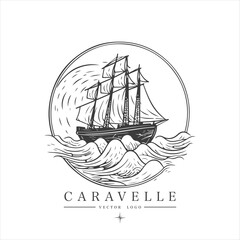 Sailing boat, caravelle, frigate on the water, vector logo emblem in asian style