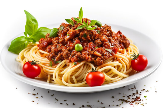 A white plate topped with spaghetti Bolognese and green leaves. Generative AI image.