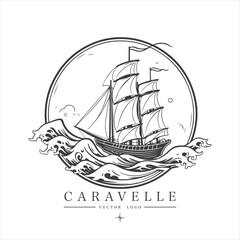 Sailing boat, caravelle, frigate on the water, vector logo emblem in asian style