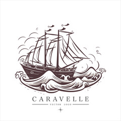 Sailing boat, caravelle, frigate on the water, vector logo emblem in asian style