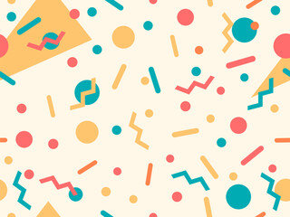 Geometric seamless pattern with memphis elements in 80s style. Colorful geometric pattern. Design of promotional products, wrapping paper and printing. Vector illustration