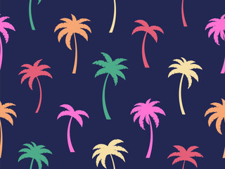 Colorful palm trees seamless pattern.  Summer time, wallpaper with tropical palm trees pattern. Design for printing t-shirts, banners and promotional items. Vector illustration - obrazy, fototapety, plakaty