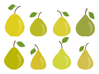 Pear set isolated on white background. Green pears with one leaf. Pears icon collection. Design for printing on fabric, banners and promotional items. Vector illustration