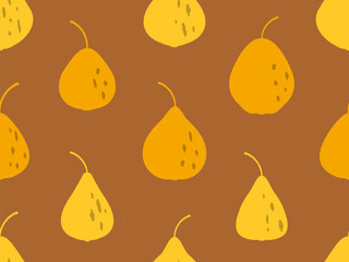 Seamless pattern with pears on a brown background. Fruit pear in a minimalist style. Design for printing on fabric, banners and promotional items. Vector illustration