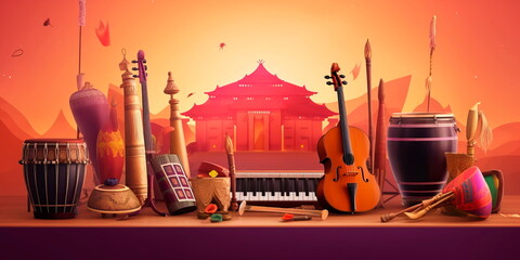 World Music Day featuring iconic instruments from various cultures and regions. Generative AI