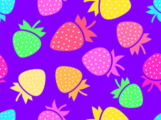 Colorful strawberries seamless pattern. Multicolored strawberries with seeds. Sweet strawberries with tips. Design for posters, wrapping paper and wallpapers. Vector illustration