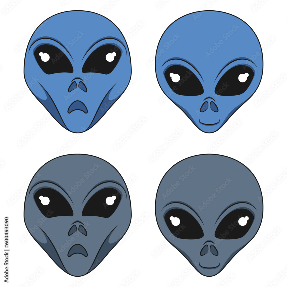 Poster set of color illustration with alien face. isolated vector object on white background.