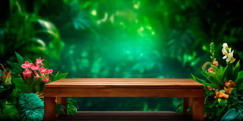 wooden table in front of tropical green floral background. for product display and presentation. Generative AI