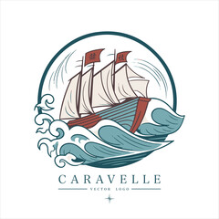 Sailing boat, caravelle, frigate on the water, vector logo emblem in asian style