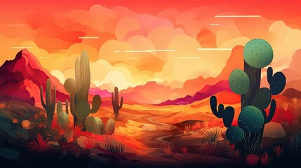 Desert landscape with cactus at sunset. Generative Ai illustration