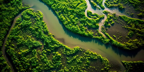 aerial view of a river delta with lush green vegetation and winding waterways Generative AI - obrazy, fototapety, plakaty