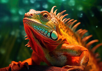 Obraz premium tropical iguana, bright wildlife, vibrant blured background, Generative AI