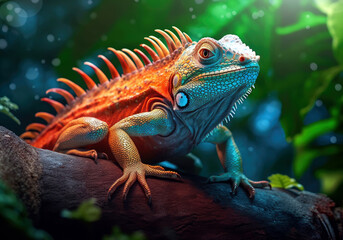 Fototapeta premium tropical iguana, bright wildlife, vibrant blured background, Generative AI