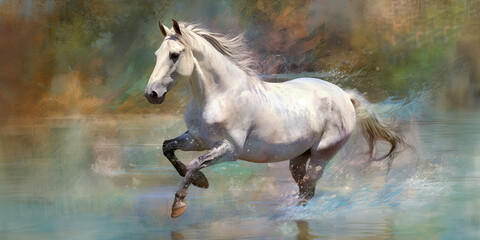 Obraz na płótnie Canvas Illustration of wild horse running in full gallop, generative AI