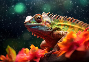 tropical iguana, bright wildlife, vibrant blured background, Generative AI
