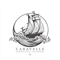 Sailing boat, caravelle, frigate on the water, vector logo emblem in asian style
