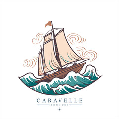 Sailing boat, caravelle, frigate on the water, vector logo emblem in asian style
