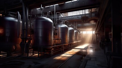 Naklejka na ściany i meble Abandoned, forgotten brewery, old damaged factory, daylight. Generative AI industrial interior.