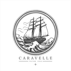 Sailing boat, caravelle, frigate on the water, vector logo emblem in asian style