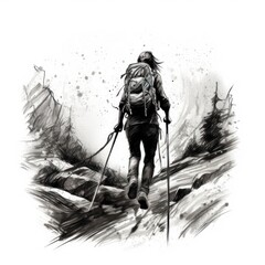 Obraz na płótnie Canvas Woman hiking on mountain - Charcoal drawing - Generative AI