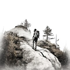 Woman hiking on mountain - Charcoal drawing - Generative AI