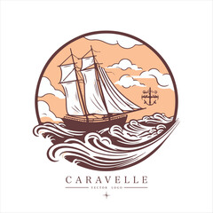 Sailing boat, caravelle, frigate on the water, vector logo emblem in asian style