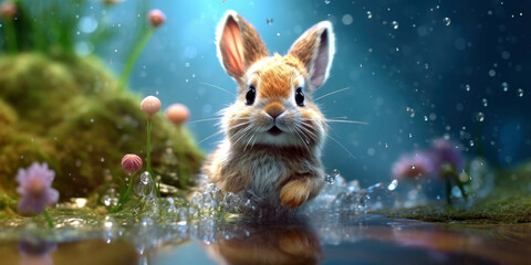 rabbit animal, bright wildlife, vibrant blured background, Generative AI