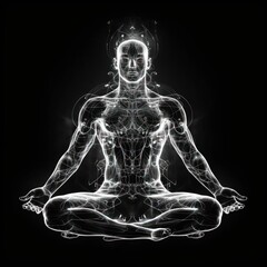 Glowing trained body man in lotus pose - Charcoal drawing - Generative AI
