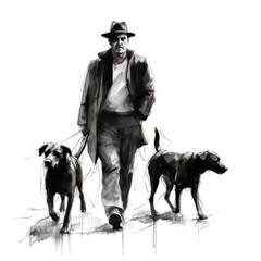 Man and two dogs walking - Charcoal drawing - Generative AI