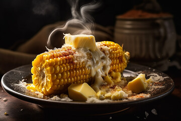 A plate of cooked corn on the cob with a steamy steam coming out of it. generative ai