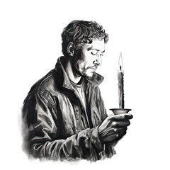 Man holding a candle - Charcoal drawing - Generative AI