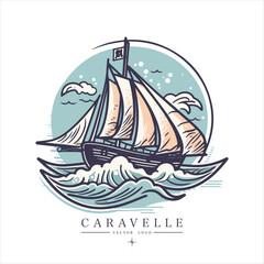 Sailing boat, caravelle, frigate on the water, vector logo emblem in asian style