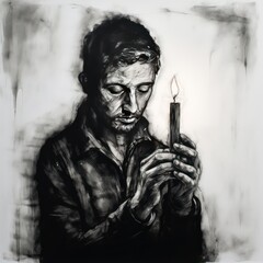 Man holding a candle - Charcoal drawing - Generative AI