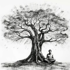 Man meditating under tree - Charcoal drawing