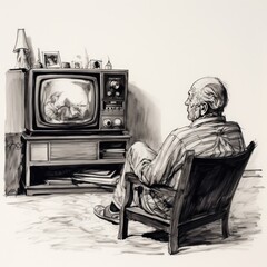 Man watching tv - Charcoal drawing - Generative AI