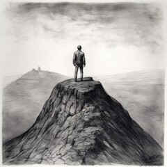 Man standing on mountain - Charcoal drawing - Generative AI