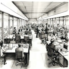 People in open plan office - Charcoal drawing - Generative AI