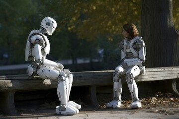 Robot and human sitting on park bench - Generative AI