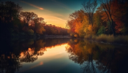 Fototapeta na wymiar Golden leaves reflect in tranquil autumn pond generated by AI