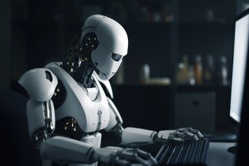 Robot sitting in front of computer